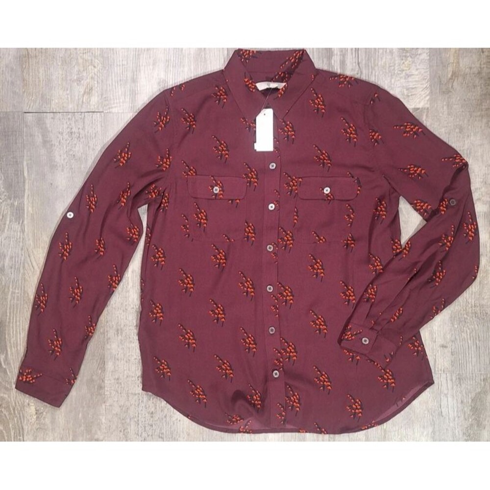 LOFT Women's Small Maroon Button-Up Blouse Collared Shirt w/ Pockets NWT
